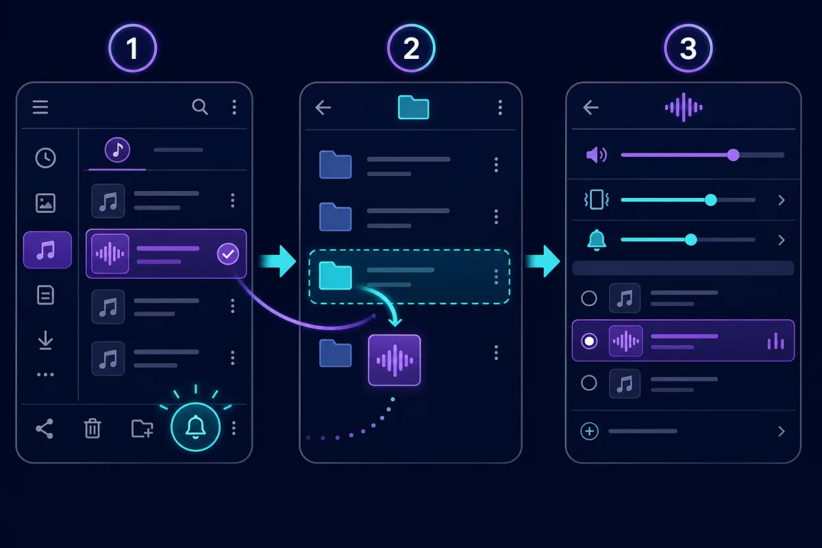 Original illustration of an Android audio file moving into a Ringtones folder and then being selected in sound settings