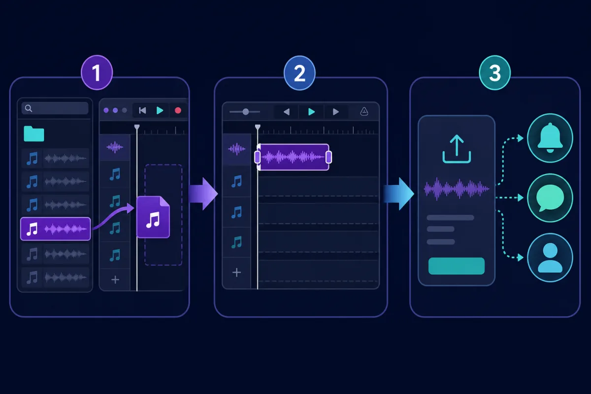 Original illustration of an audio file being imported to a timeline and exported to ringtone, message, or contact destinations